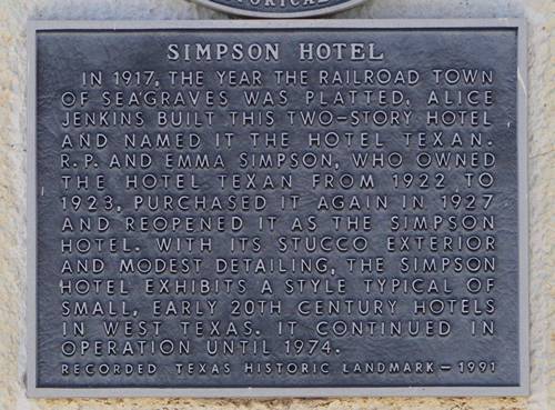 Seagraves TX - Simpson Hotel historical marker