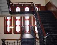 Hill County Courthouse stairway and stained glass
