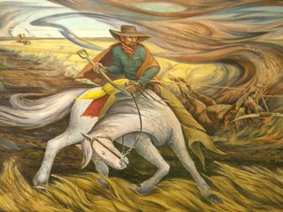 Brownfield TX WPA Mural  detail - Ranchers of the Panhandle Fighting Prairie Fire with Skinned Steer by Frank Mechau