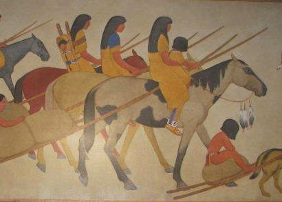 Caldwell TX PO Mural - Indians Moving - Women and child on horse back