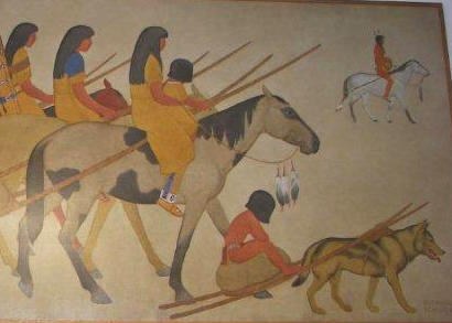Caldwell TX PO Mural - Indians Moving - showing child with dog