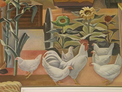 Texas Farm, Elgin Texas Post Office Mural detail - Chickens & sunflowers