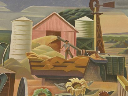 Windmill, barn, silo, cistern - Texas Farm, Elgin Texas Post Office Mural detail