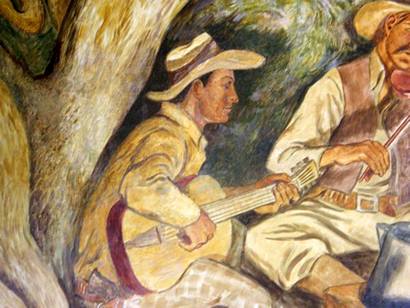 Rangers playing guitar - "Texas Rangers in Camp" detail, artist Ward Lockwood, Hamilton Texas  WPA Mural 