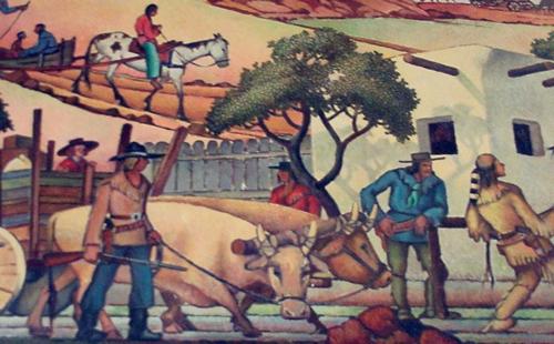 Lockhart Texas Post Office Mural  detail - cattle pulling wagon