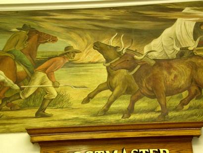 Madill, Oklahoma - PO mural “Prairie Fire” cowboy & steers, by Ethel Magafan,  1941