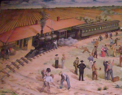Robstown Railroad depot and train, Robstown PO painted mural detail