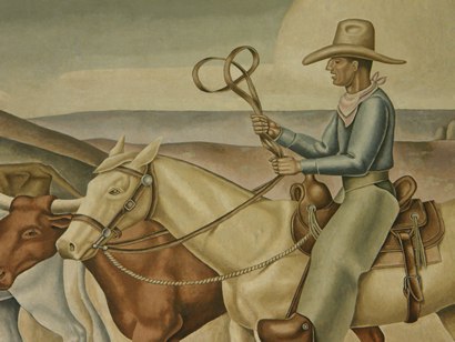 Cowboy roping, Teague TX PO mural "Cattle Round-up" detail