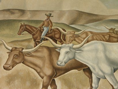 Cowboy with cattle, Teague TX PO mural "Cattle Round-up" detail