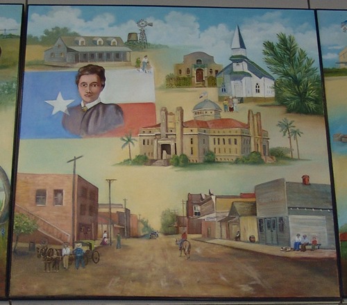 Alice TX Post Office Mural: South Texas Panarama  detail: main street, homestead, courthouse, churches