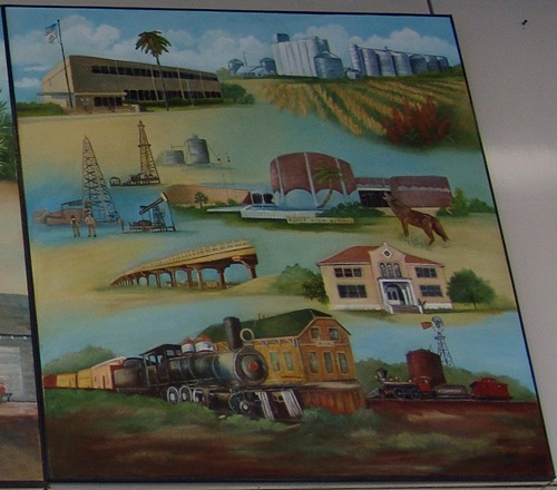 Alice TX Post Office Mural: South Texas Panarama  details: grain elevators, oil derricks, train and depot
