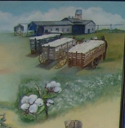Alice TX Post Office Mural: South Texas Panarama detail - Cotton, gin & harvest 