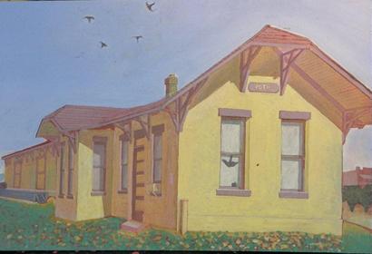 Jacinto Guevara painting of Poth Texas depot