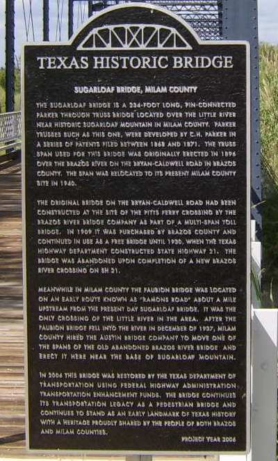 Sugarloaf Bridge historic marker, Milam County, Texas historic bridge