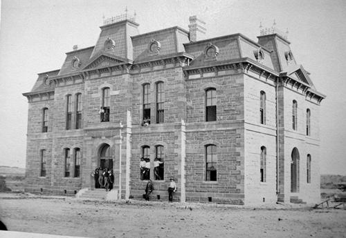 The 1885 Blanco County courthouse in Blanco Texas, old photo