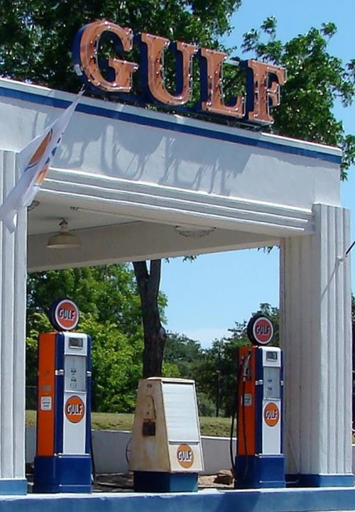 Waco TX - Restored Gulf Station, old gas pumps