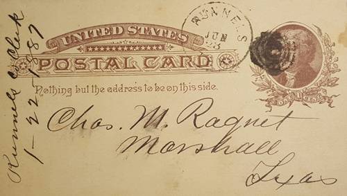 Runnels Texas post card with 1887 Postmark 