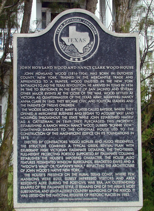 Bayside Texas John H. Wood House Historical marker