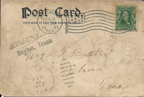 Beaumont TX Jefferson County  1907 postmark