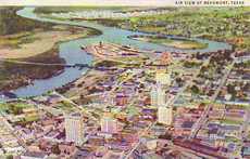 Beaumont, Texas air view of downtown and  Neches River