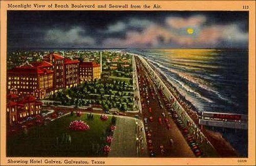 Galveston Texas Moonlight View of Beach Boulevard and Seawall  and Hotel Galvez