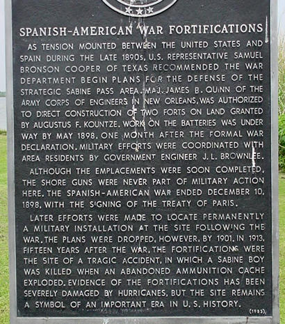Spanish American War Fortifications marker, Sabine  Pass Battleground