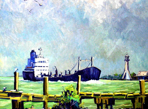 Ship and lighthouse in Sabine Pass, Texas painting