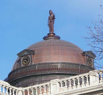 Georgetown, TX - The restored 1911 Williamson County courthouse  dome, clock and Justice