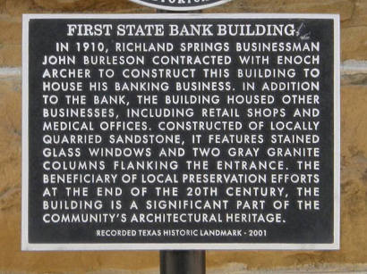 Richland Springs Tx - 1910 First State Bank Building  historical marker