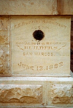 Cornerstone of the 1882 Hays County Courthouse by architect Ruffini 