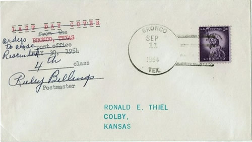 Bronco, TX 1954 Last Day Cover