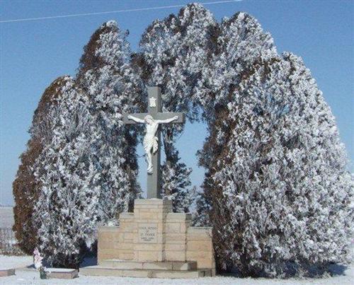 Panhandle cemetery with cross in snow, Panhandle, Texas 