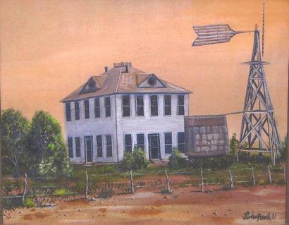 Painting of Yoakum County 1908 Courthouse   windmill, Plains Texas