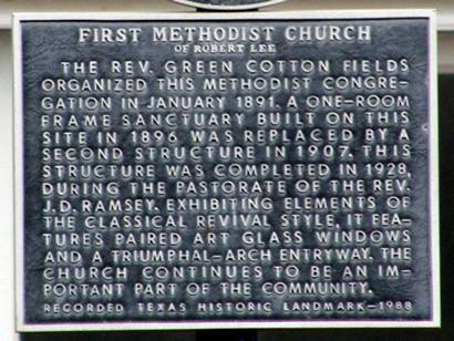 Robert Lee Tx First Methodist Church historical marker