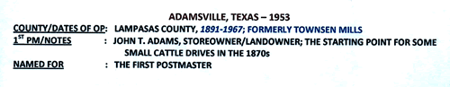 Adamsville TX Lampasas County 1953 Postmark info