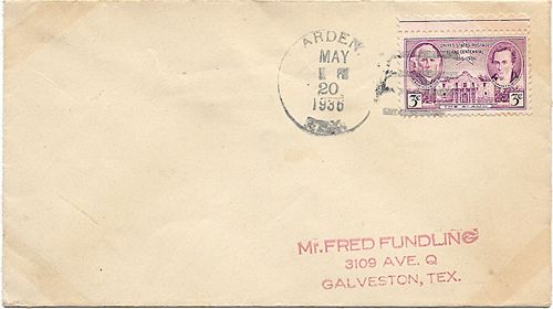 Arden TX Irion Co 1936 Postmark