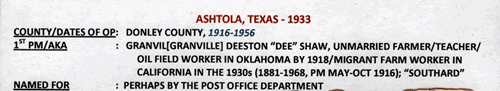 Ashtola TX Donley County 1933 Postmark 