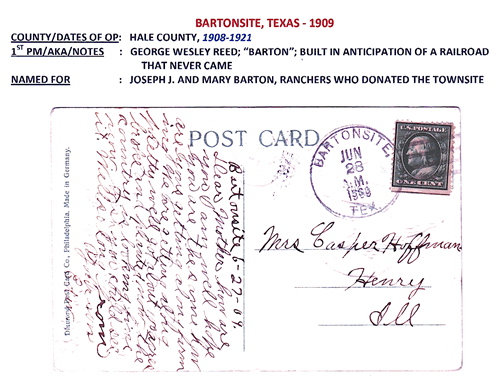 Bartonsite TX Hale County 1909 Postmark