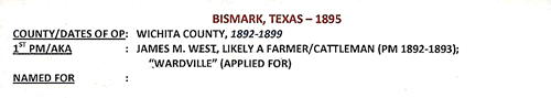 Bismark, Wichita County, Texas 1895 postmark info