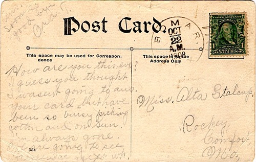 Bomar or Spring Creek, TX  1908 postmark
