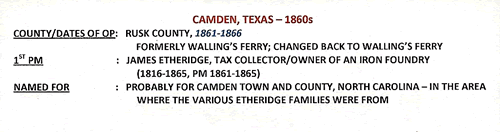 Camden, TX Rusk County 1860s town & post office info