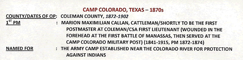 Camp Colorado, TX Coleman County 1870s Postmark info