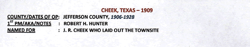 Jefferson  County Cheek TX 1909 postmark info