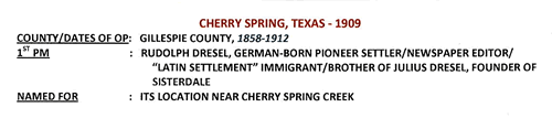 TX - Cherry Spring, Gillespie County 1909 postmark info