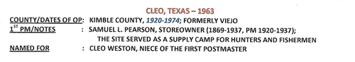 Cleo, Kimble County, TX post Office info