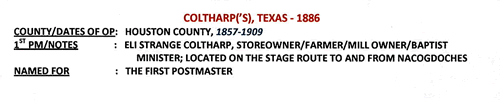 Coltharp TX - Houston Co 1886 Postmark 