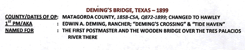 Deming's Bridge TX 1899 postmark info