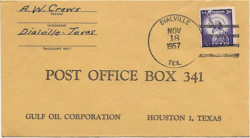 Dialville TX 1957 canceled postmark