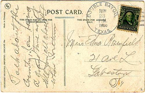 Double Bayou TX Chambers Co 1908 Postmark 