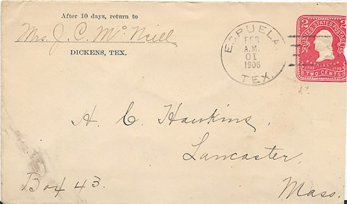 Espuela, TX Dickens County  1906 postmark